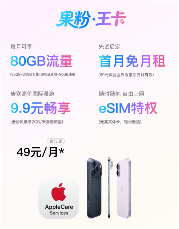 49元/月!中国联通推出果粉·王卡:80GB流量 送2年AppleCare