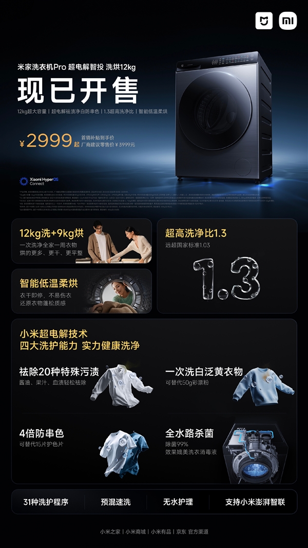 2999元！米家洗衣机Pro超电解智投洗烘12kg开售：一次洗白泛黄衣物